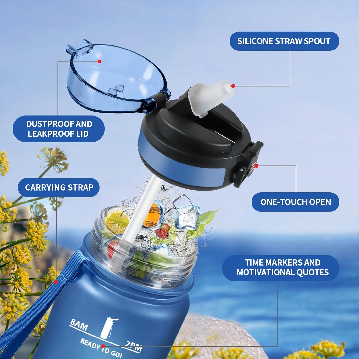 image:imageGourde 1L Gourde avec Sport Paille AntiFuite ampamp Rutilisable Bouteille deau Motivante avec Marquages de Temps Facile Nettoyer Bouteille Gradue pour Voyage Randonne Cyclisme Fitness32oz1000ml Paille Bleu Vert