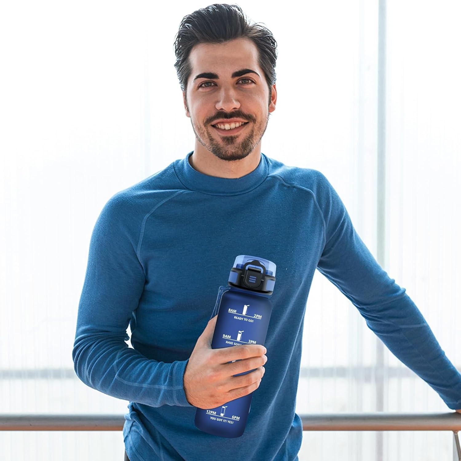 image:imageGourde 1L Gourde avec Sport Paille AntiFuite ampamp Rutilisable Bouteille deau Motivante avec Marquages de Temps Facile Nettoyer Bouteille Gradue pour Voyage Randonne Cyclisme Fitness32oz1000ml Paille Mat Marine Bleu