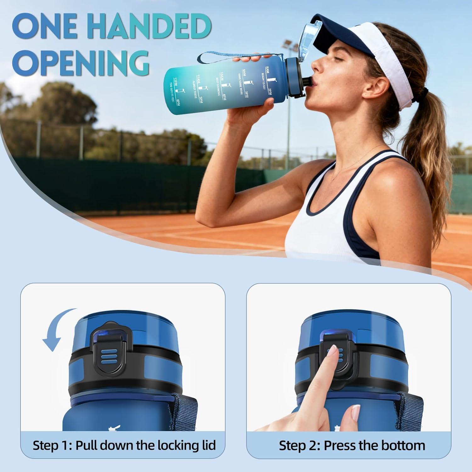 image:imageGourde 1l AntiFuite Gourde Sport Rutilisable Bouteille deau avec Marqueur de Temps Bouteille Sans BPA pour Yoga Randonne Fitness Sport JauneRoseBleuvert