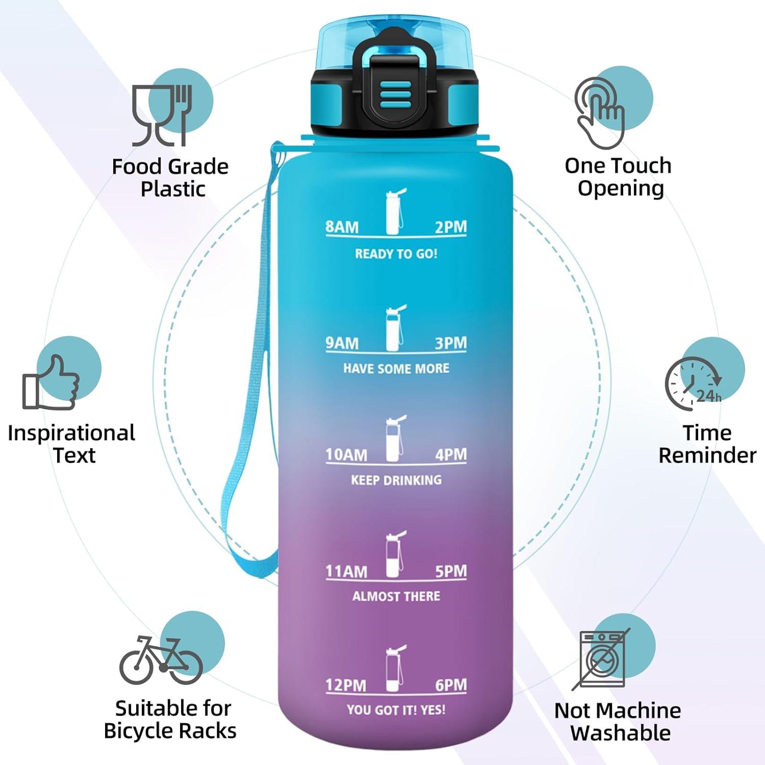 image:imageGourde 1l AntiFuite Gourde Sport Rutilisable Bouteille deau avec Marqueur de Temps Bouteille Sans BPA pour Yoga Randonne Fitness Sport JauneRoseBleuviolet