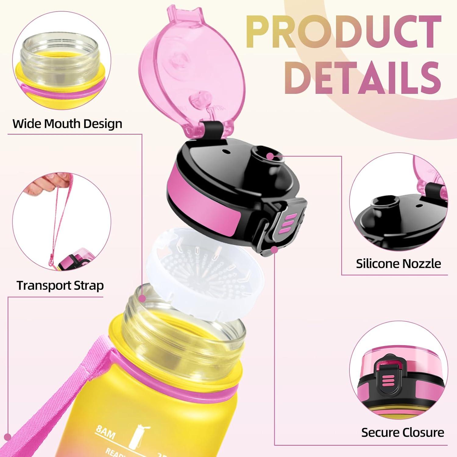 image:imageGourde 1l AntiFuite Gourde Sport Rutilisable Bouteille deau avec Marqueur de Temps Bouteille Sans BPA pour Yoga Randonne Fitness Sport JauneRoseJaunerose