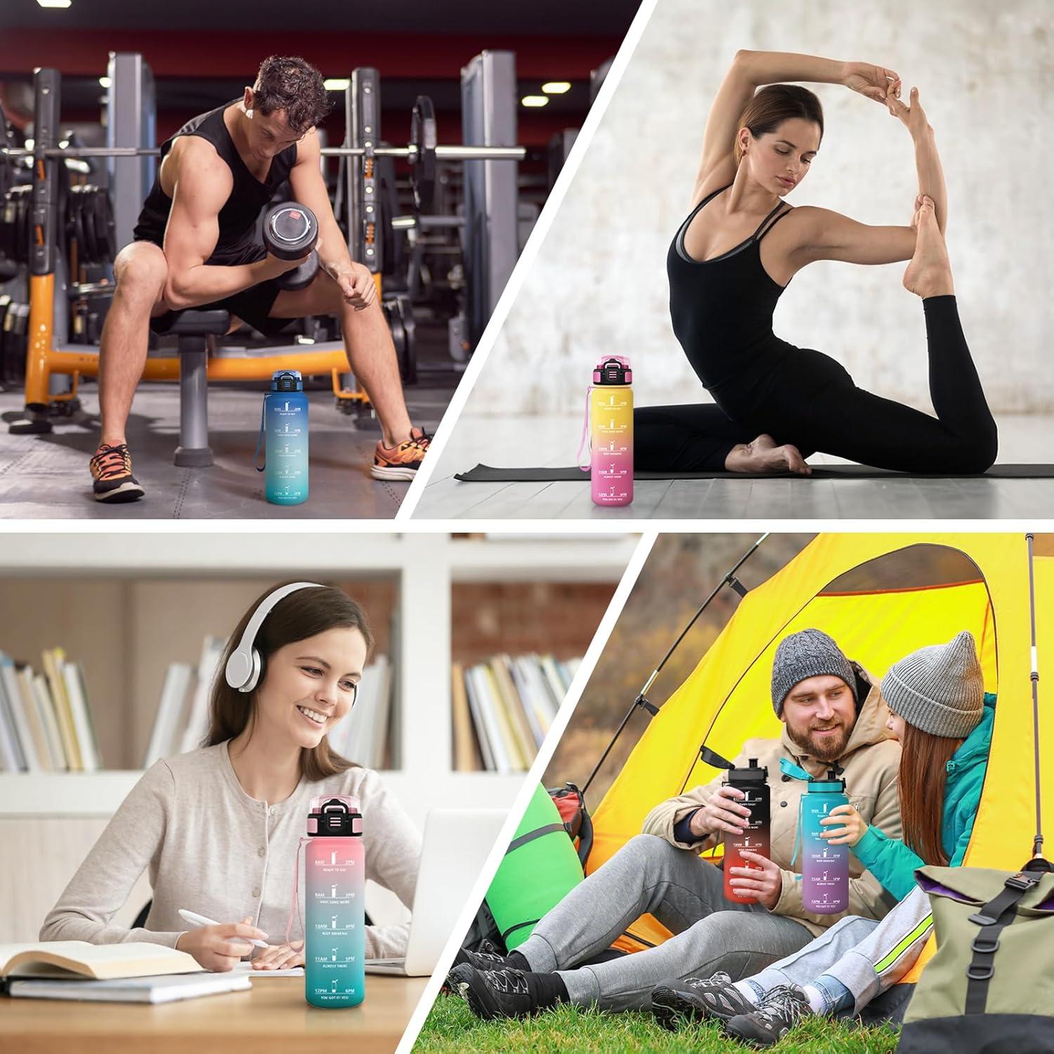image:imageGourde 1l AntiFuite Gourde Sport Rutilisable Bouteille deau avec Marqueur de Temps Bouteille Sans BPA pour Yoga Randonne Fitness Sport JauneRoseJaunerose