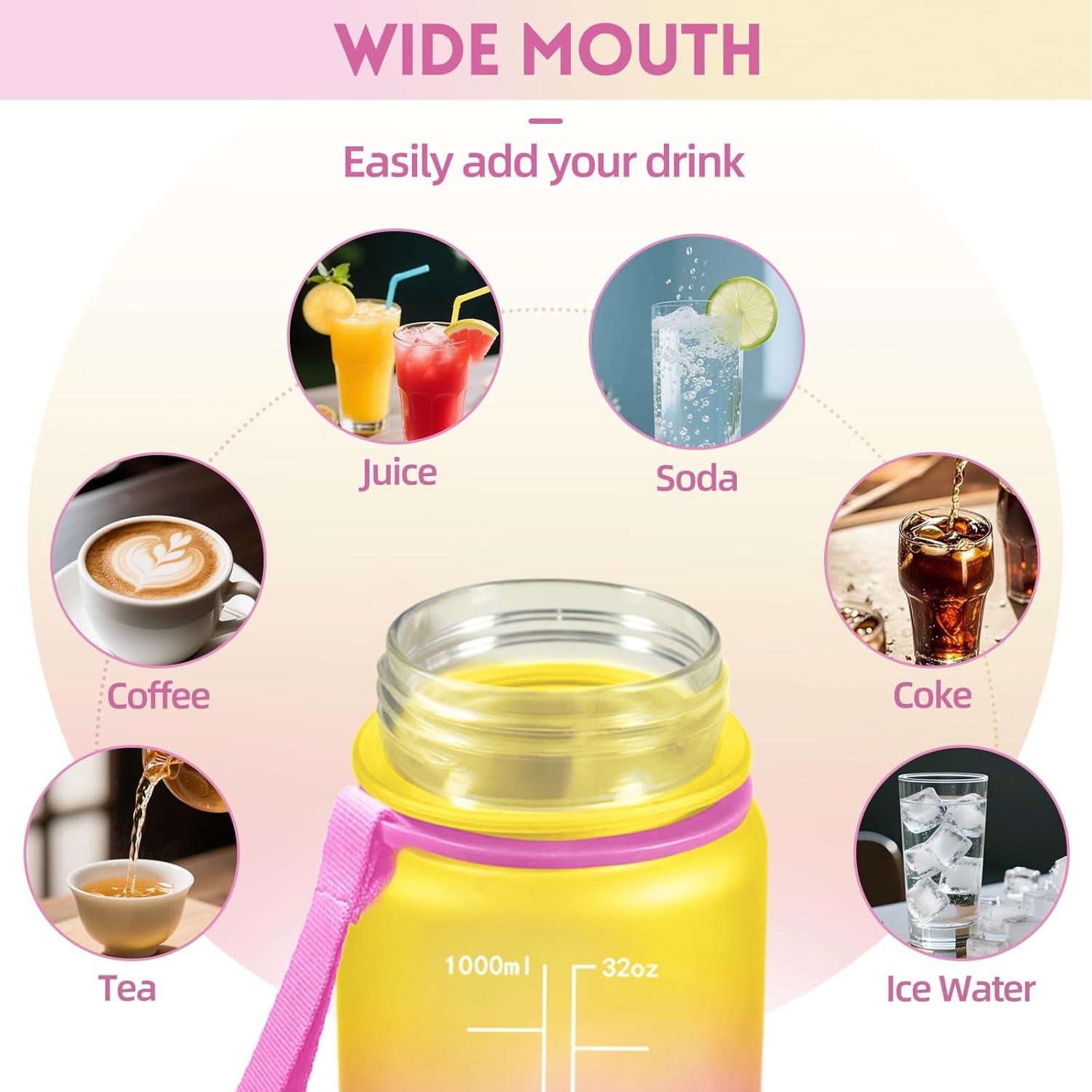 image:imageGourde 1l AntiFuite Gourde Sport Rutilisable Bouteille deau avec Marqueur de Temps Bouteille Sans BPA pour Yoga Randonne Fitness Sport JauneRoseJaunerose