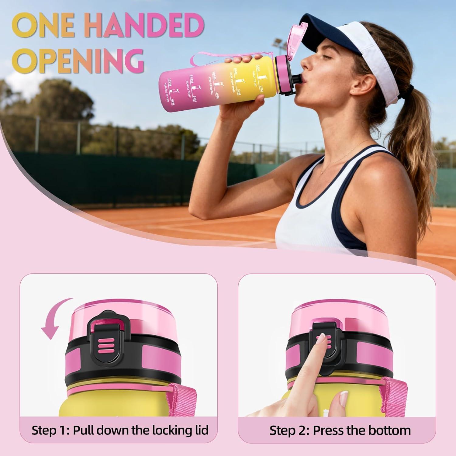 image:imageGourde 1l AntiFuite Gourde Sport Rutilisable Bouteille deau avec Marqueur de Temps Bouteille Sans BPA pour Yoga Randonne Fitness Sport JauneRoseJaunerose