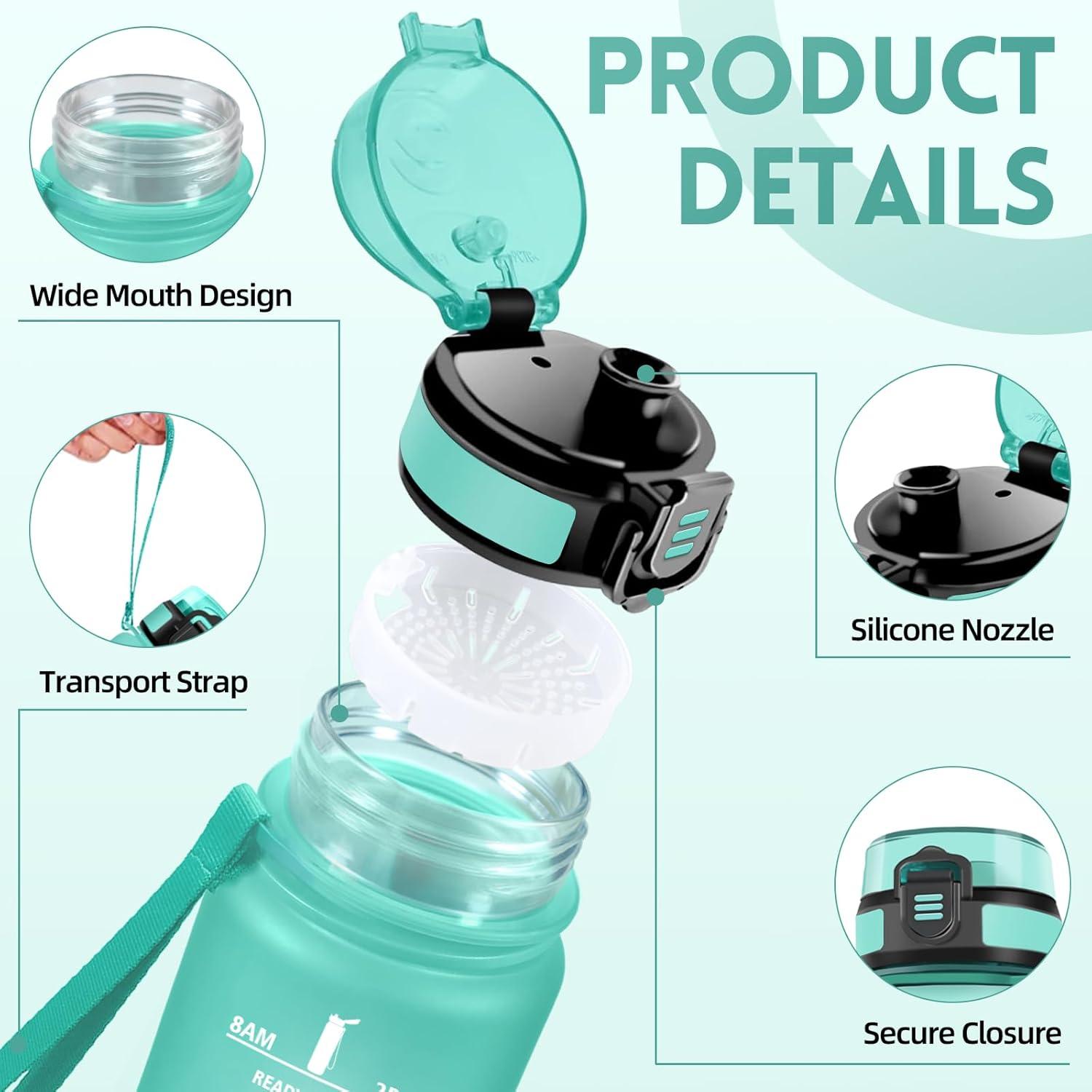 image:imageGourde 1l AntiFuite Gourde Sport Rutilisable Bouteille deau avec Marqueur de Temps Bouteille Sans BPA pour Yoga Randonne Fitness Sport JauneRoseTurquoise 3245c