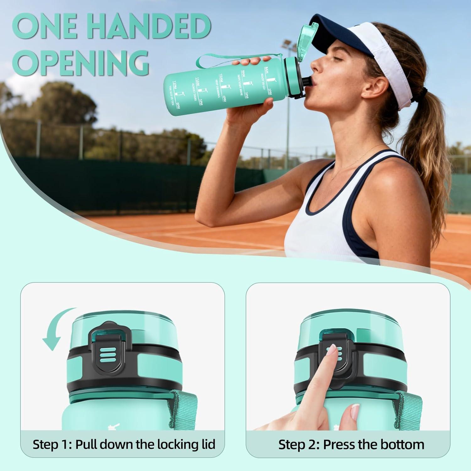 image:imageGourde 1l AntiFuite Gourde Sport Rutilisable Bouteille deau avec Marqueur de Temps Bouteille Sans BPA pour Yoga Randonne Fitness Sport JauneRoseTurquoise 3245c