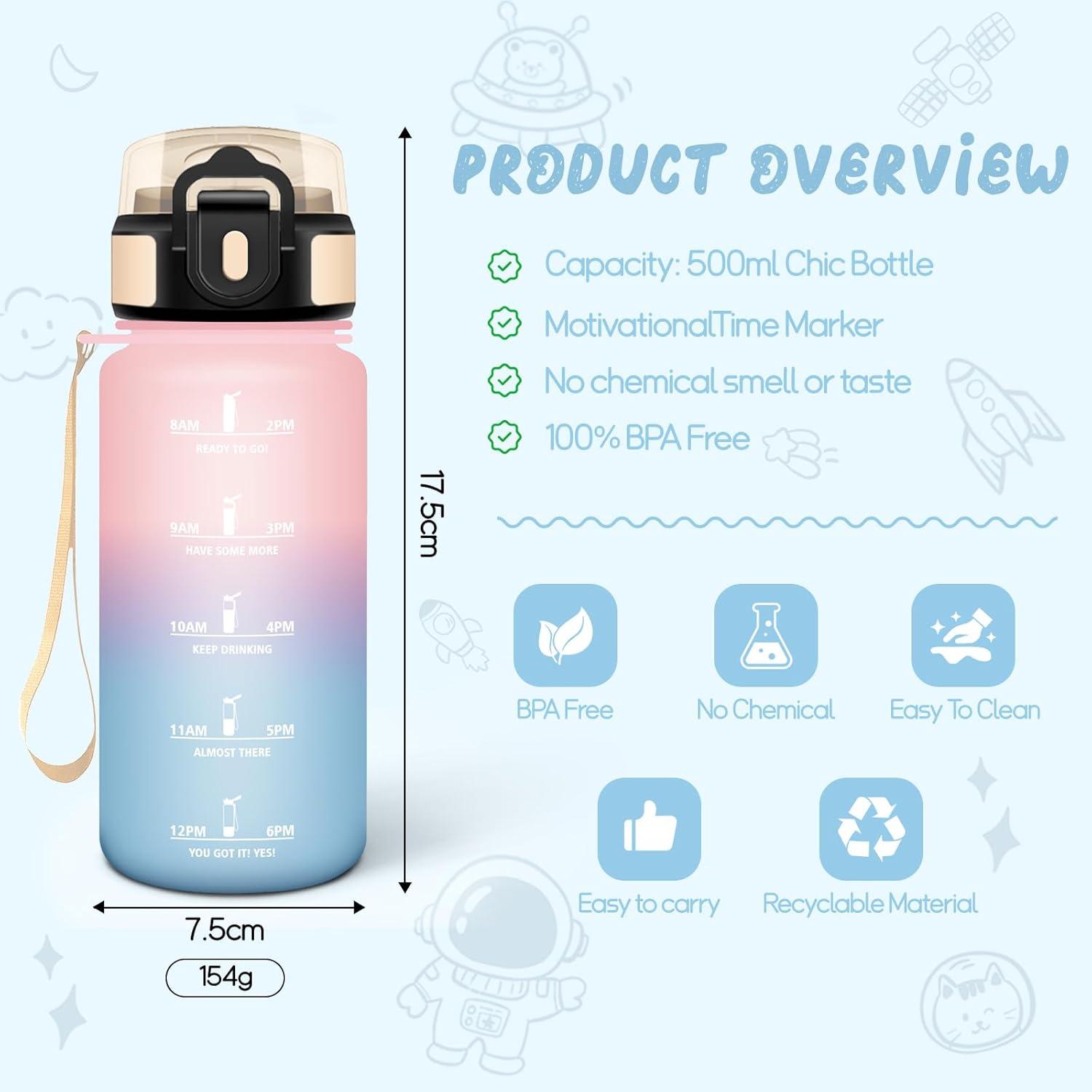 image:imageGourde 1l tanches Gourde Paille sans BPA ampamp Rutilisable Bouteille Motivation Bouteille deau Avec Marqueur de Temps Gourde Sport pour Gym Ecole Cyclisme Plein air SportRosebleu Ciel 500 Ml