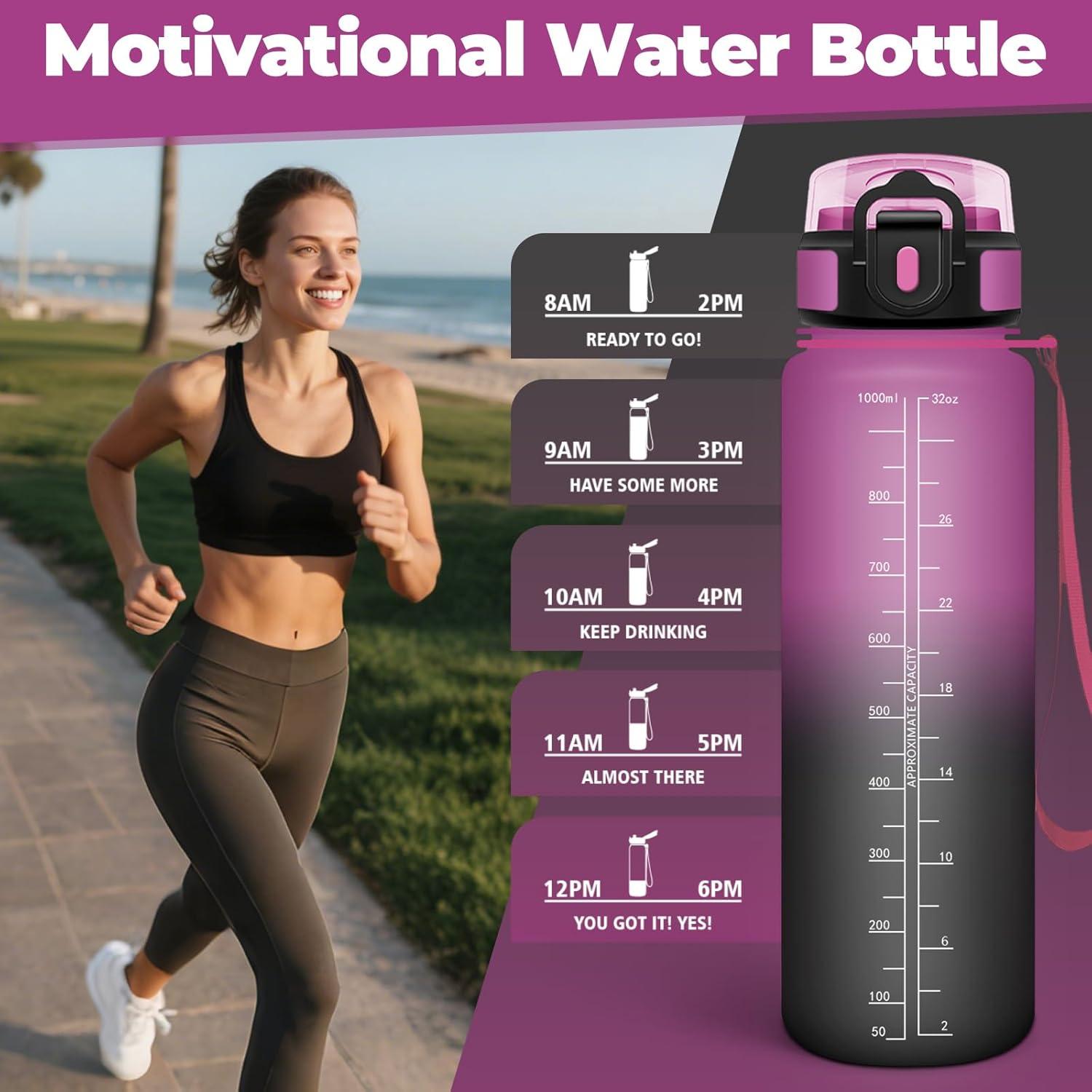 image:imageGourde 1l tanches Gourde Paille sans BPA ampamp Rutilisable Bouteille Motivation Bouteille deau Avec Marqueur de Temps Gourde Sport pour Gym Ecole Cyclisme Plein air SportVioletnoir 1000 Ml