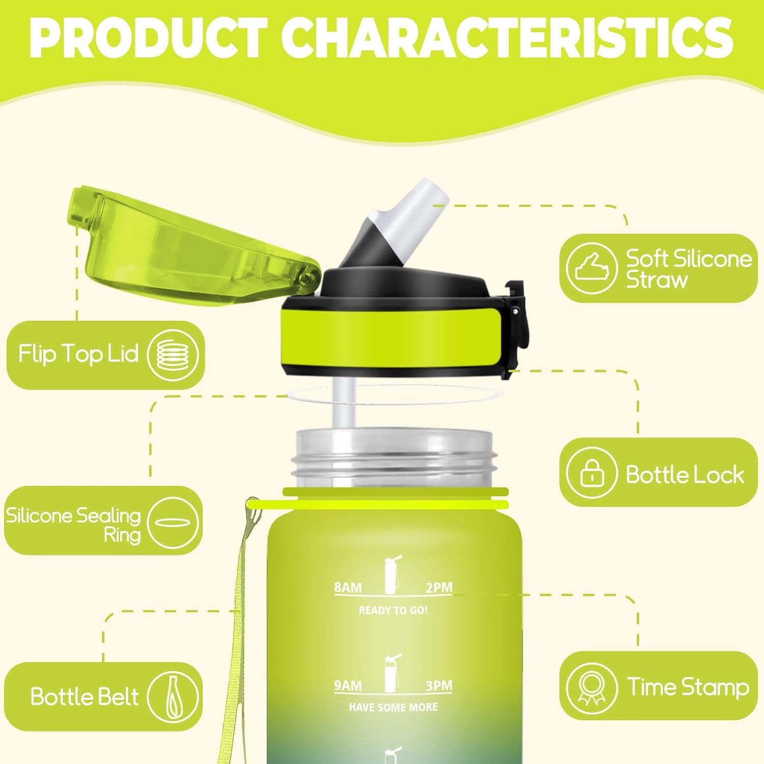 image:imageGourde 1l tanches Gourde Paille sans BPA ampamp Rutilisable Bouteille Motivation Bouteille deau Avec Marqueur de Temps Gourde Sport pour Gym Ecole Cyclisme Plein air SportJaunebleu 1000 Ml