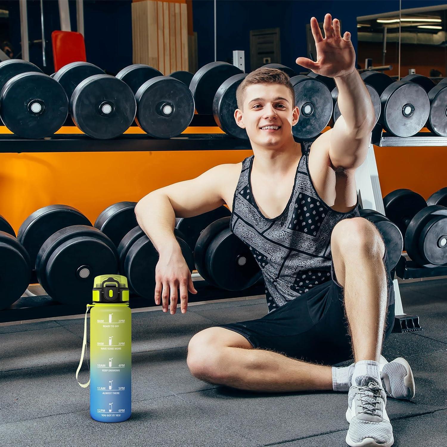 image:imageGourde 1l tanches Gourde Paille sans BPA ampamp Rutilisable Bouteille Motivation Bouteille deau Avec Marqueur de Temps Gourde Sport pour Gym Ecole Cyclisme Plein air SportJaunebleu 1000 Ml