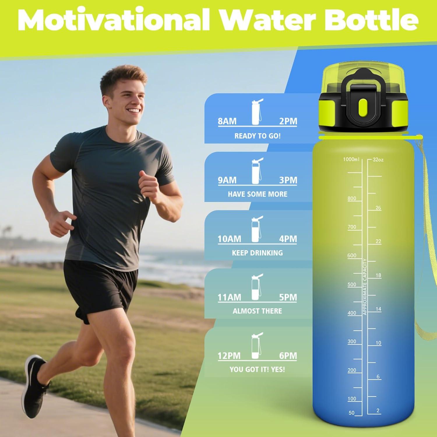 image:imageGourde 1l tanches Gourde Paille sans BPA ampamp Rutilisable Bouteille Motivation Bouteille deau Avec Marqueur de Temps Gourde Sport pour Gym Ecole Cyclisme Plein air SportJaunebleu 1000 Ml