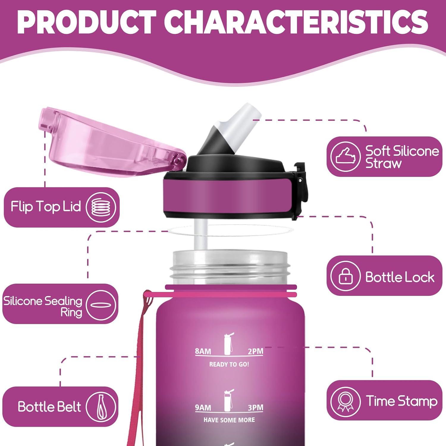 image:imageGourde 1l tanches Gourde Paille sans BPA ampamp Rutilisable Bouteille Motivation Bouteille deau Avec Marqueur de Temps Gourde Sport pour Gym Ecole Cyclisme Plein air SportVioletnoir 1000 Ml