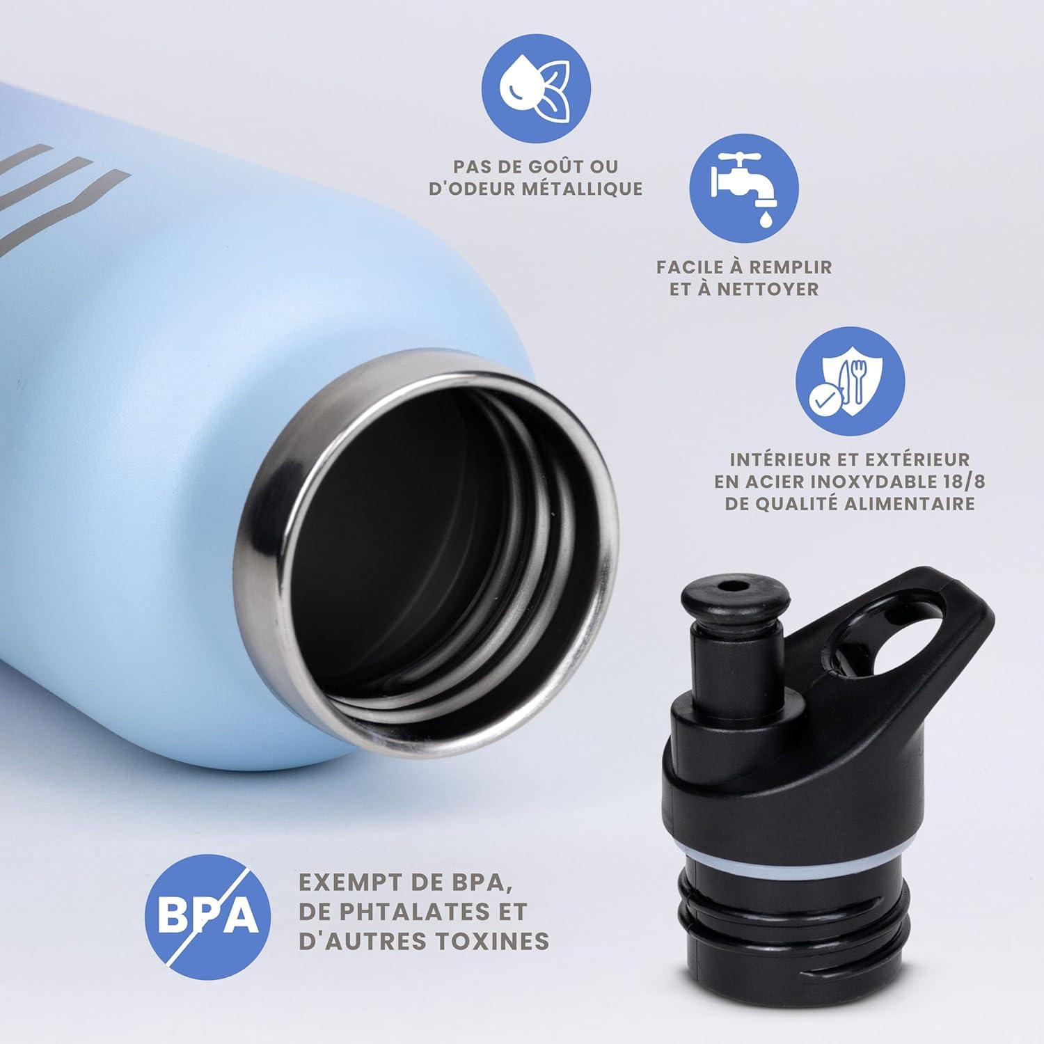 image:imageGourde Isotherme 750 ml Bleue HUIIKE Bouteille Isotherme avec 3 Bouchons Gourde Inox 12h Chaude ampamp 24h Froide Water Bottle Sans BPA Bouteille avec Paille Acier Inoxydable Sport ReutilisableBleu