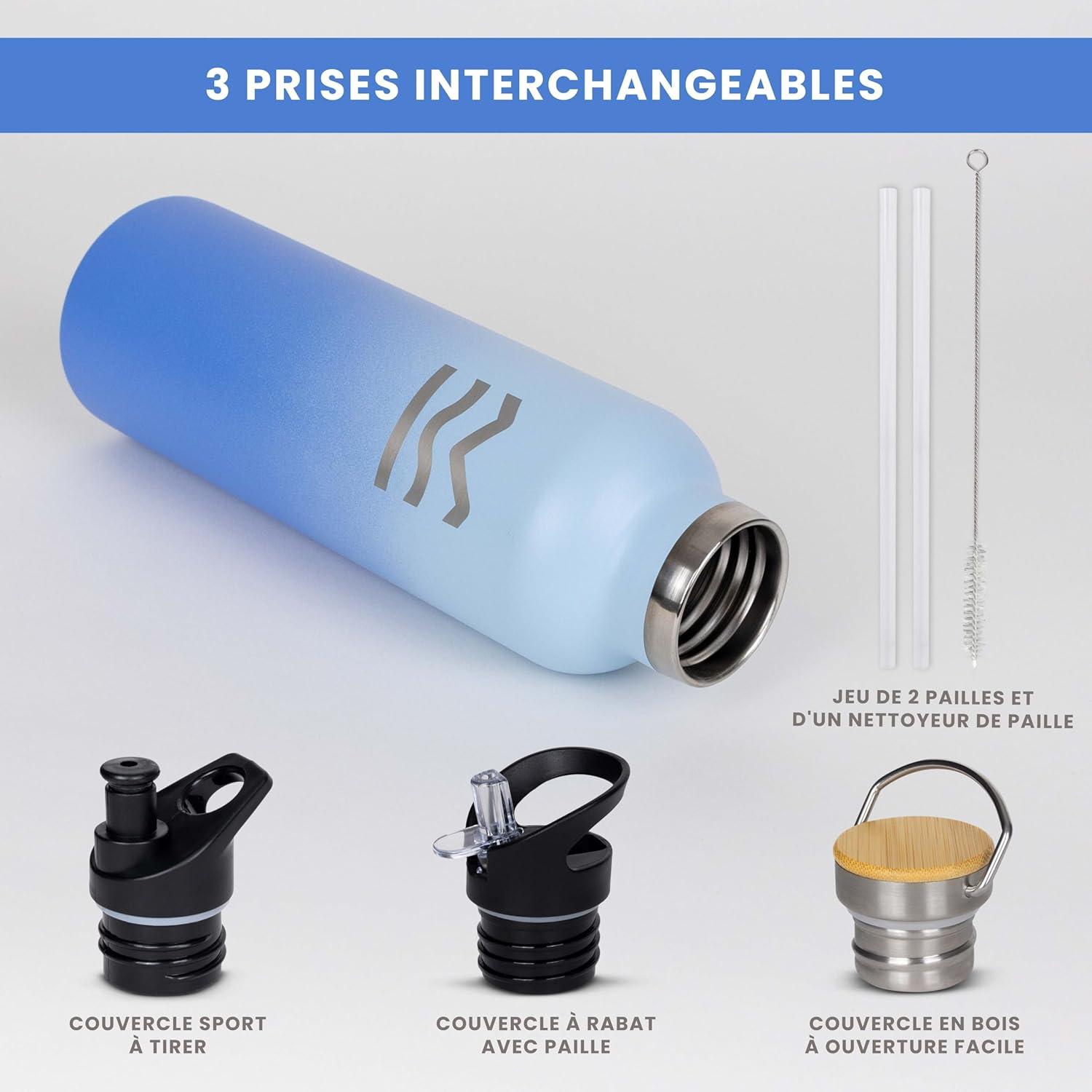 image:imageGourde Isotherme 750 ml Bleue HUIIKE Bouteille Isotherme avec 3 Bouchons Gourde Inox 12h Chaude ampamp 24h Froide Water Bottle Sans BPA Bouteille avec Paille Acier Inoxydable Sport ReutilisableBleu
