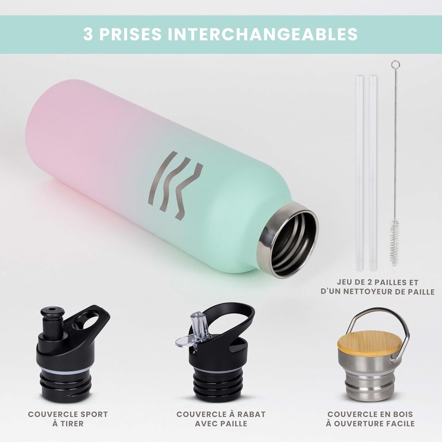 image:imageGourde Isotherme 750 ml Bleue HUIIKE Bouteille Isotherme avec 3 Bouchons Gourde Inox 12h Chaude ampamp 24h Froide Water Bottle Sans BPA Bouteille avec Paille Acier Inoxydable Sport ReutilisableRose