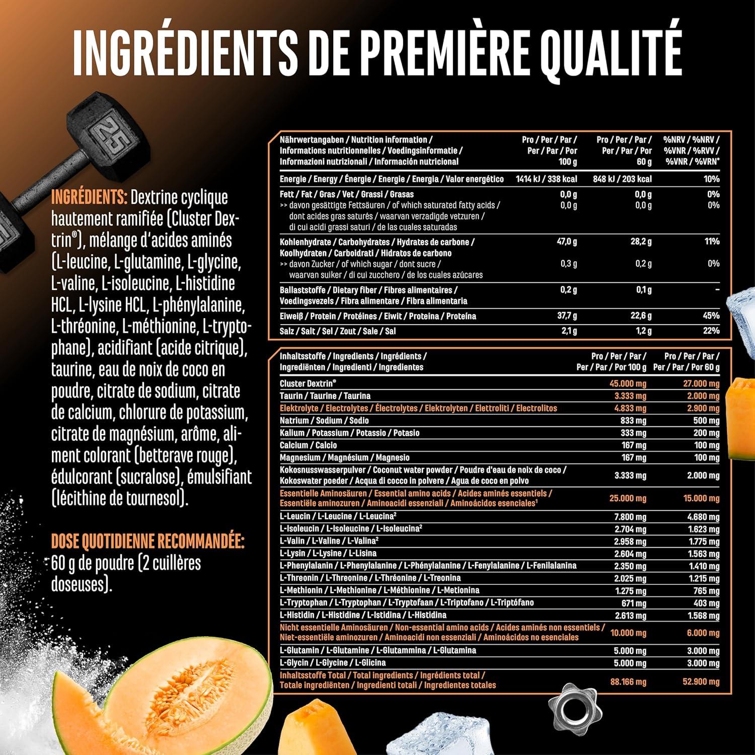 image:imageIntra Charge Workout Drink 12 kg Complexe hautement dos avec Cluster Dextrin 9 EAA et BCAA essentiels Lglutamine Lglycine taurine matrice dlectrolytes vgtalien kiwiHoneydew melon