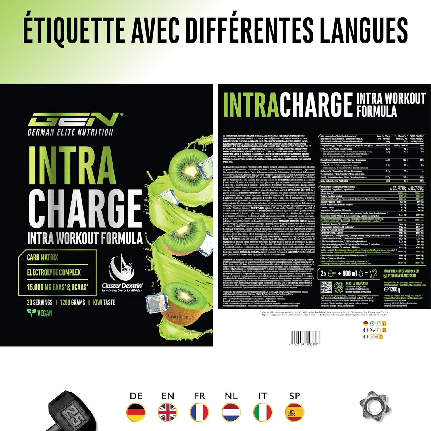 image:imageIntra Charge Workout Drink 12 kg Complexe hautement dos avec Cluster Dextrin 9 EAA et BCAA essentiels Lglutamine Lglycine taurine matrice dlectrolytes vgtalien kiwiKiwi