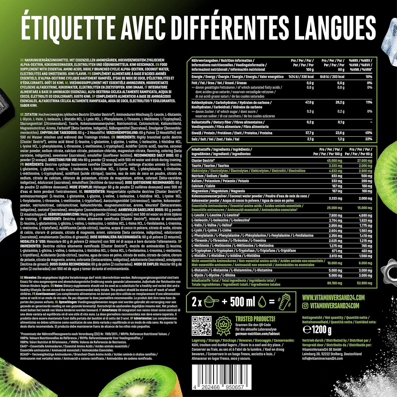 image:imageIntra Charge Workout Drink 12 kg Complexe hautement dos avec Cluster Dextrin 9 EAA et BCAA essentiels Lglutamine Lglycine taurine matrice dlectrolytes vgtalien kiwiKiwi