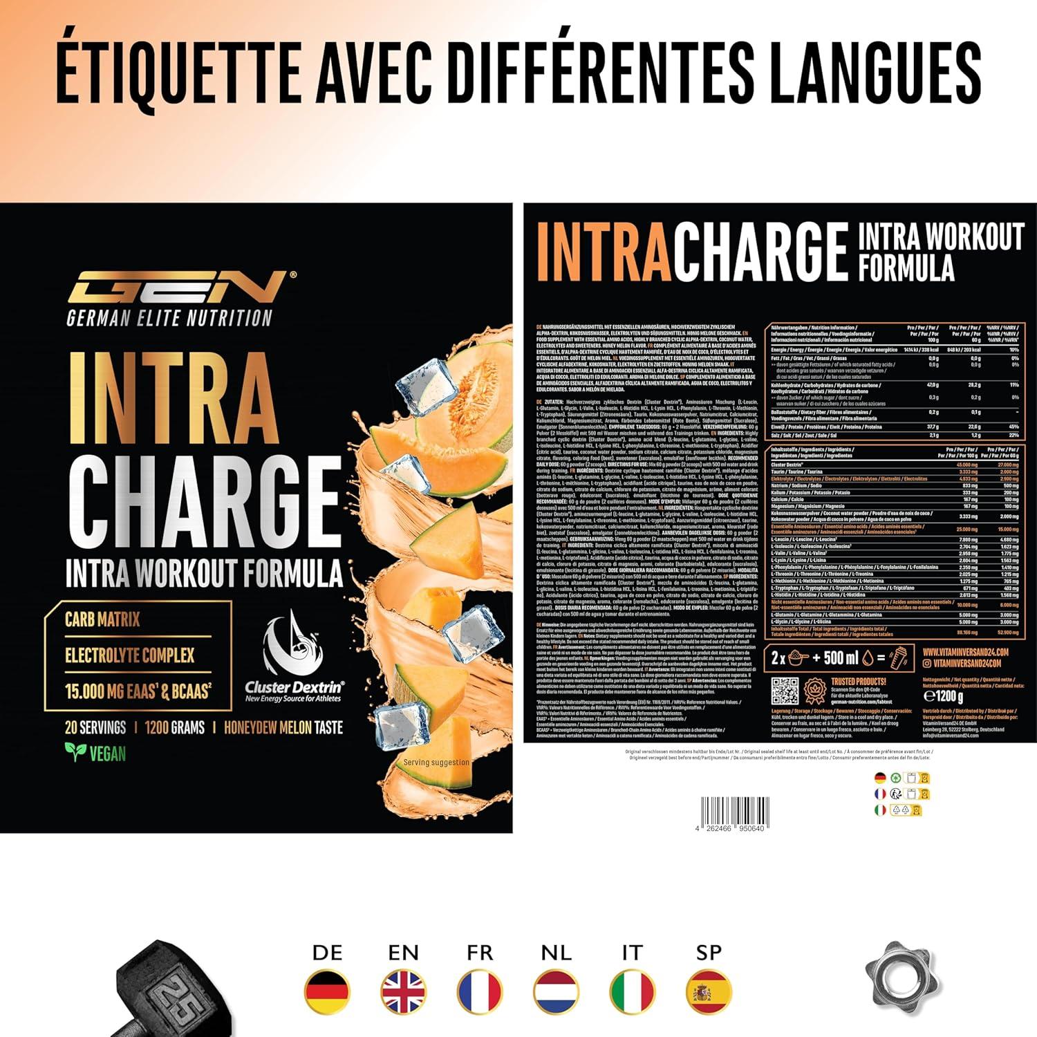 image:imageIntra Charge Workout Drink 12 kg Complexe hautement dos avec Cluster Dextrin 9 EAA et BCAA essentiels Lglutamine Lglycine taurine matrice dlectrolytes vgtalien kiwiHoneydew melon