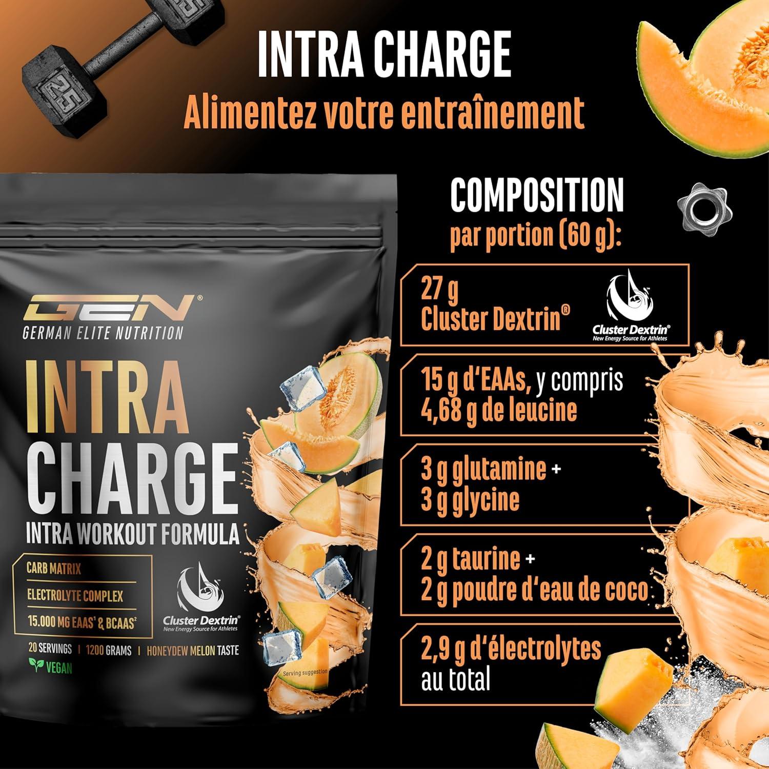 image:imageIntra Charge Workout Drink 12 kg Complexe hautement dos avec Cluster Dextrin 9 EAA et BCAA essentiels Lglutamine Lglycine taurine matrice dlectrolytes vgtalien kiwiHoneydew melon