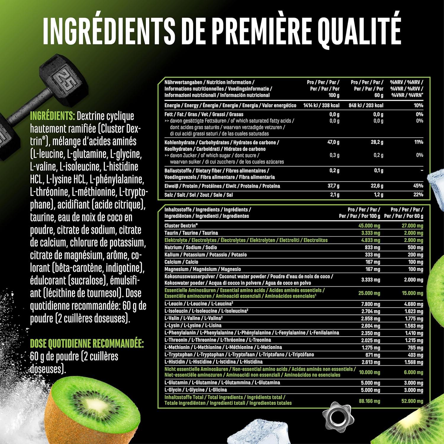 image:imageIntra Charge Workout Drink 12 kg Complexe hautement dos avec Cluster Dextrin 9 EAA et BCAA essentiels Lglutamine Lglycine taurine matrice dlectrolytes vgtalien kiwiKiwi