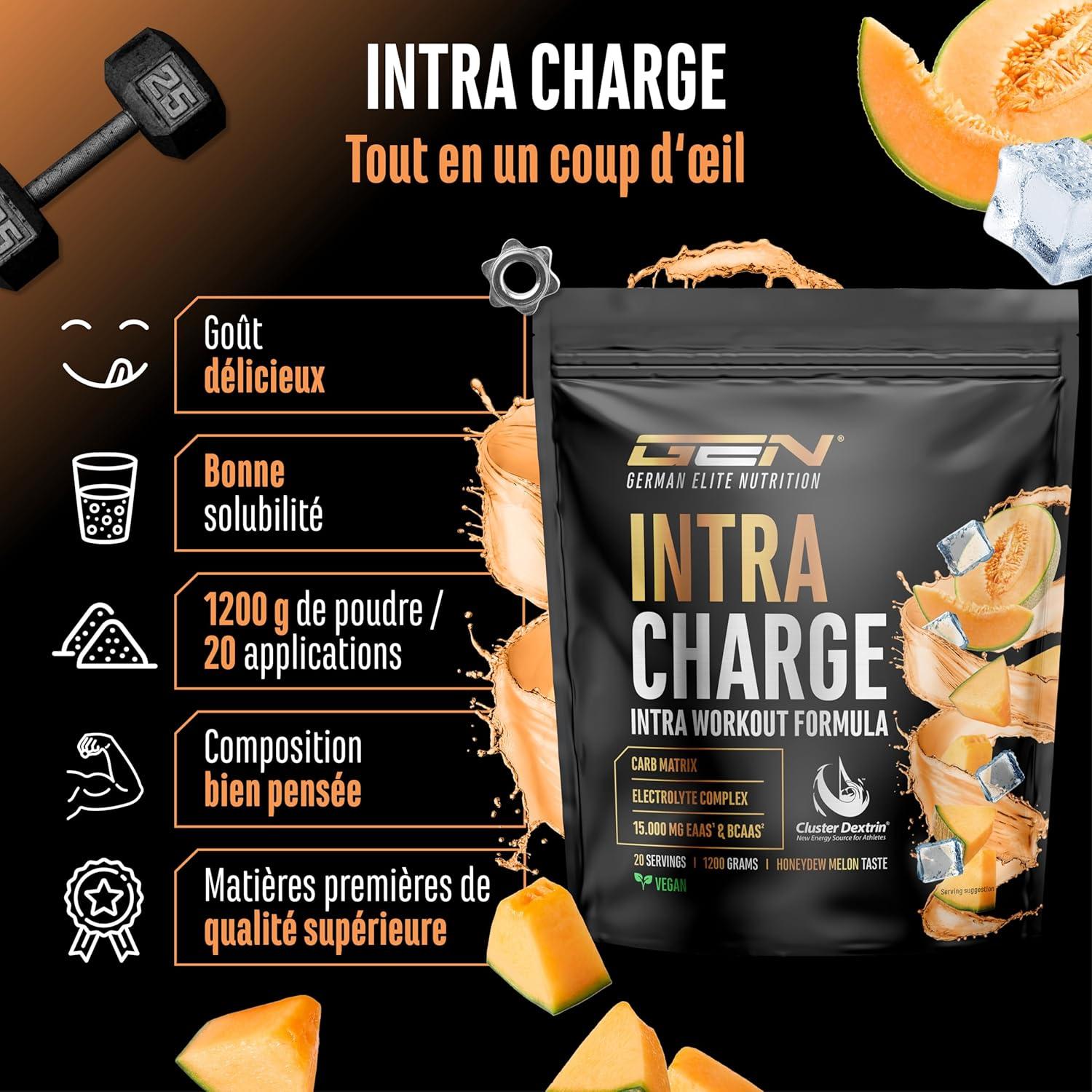 image:imageIntra Charge Workout Drink 12 kg Complexe hautement dos avec Cluster Dextrin 9 EAA et BCAA essentiels Lglutamine Lglycine taurine matrice dlectrolytes vgtalien kiwiHoneydew melon