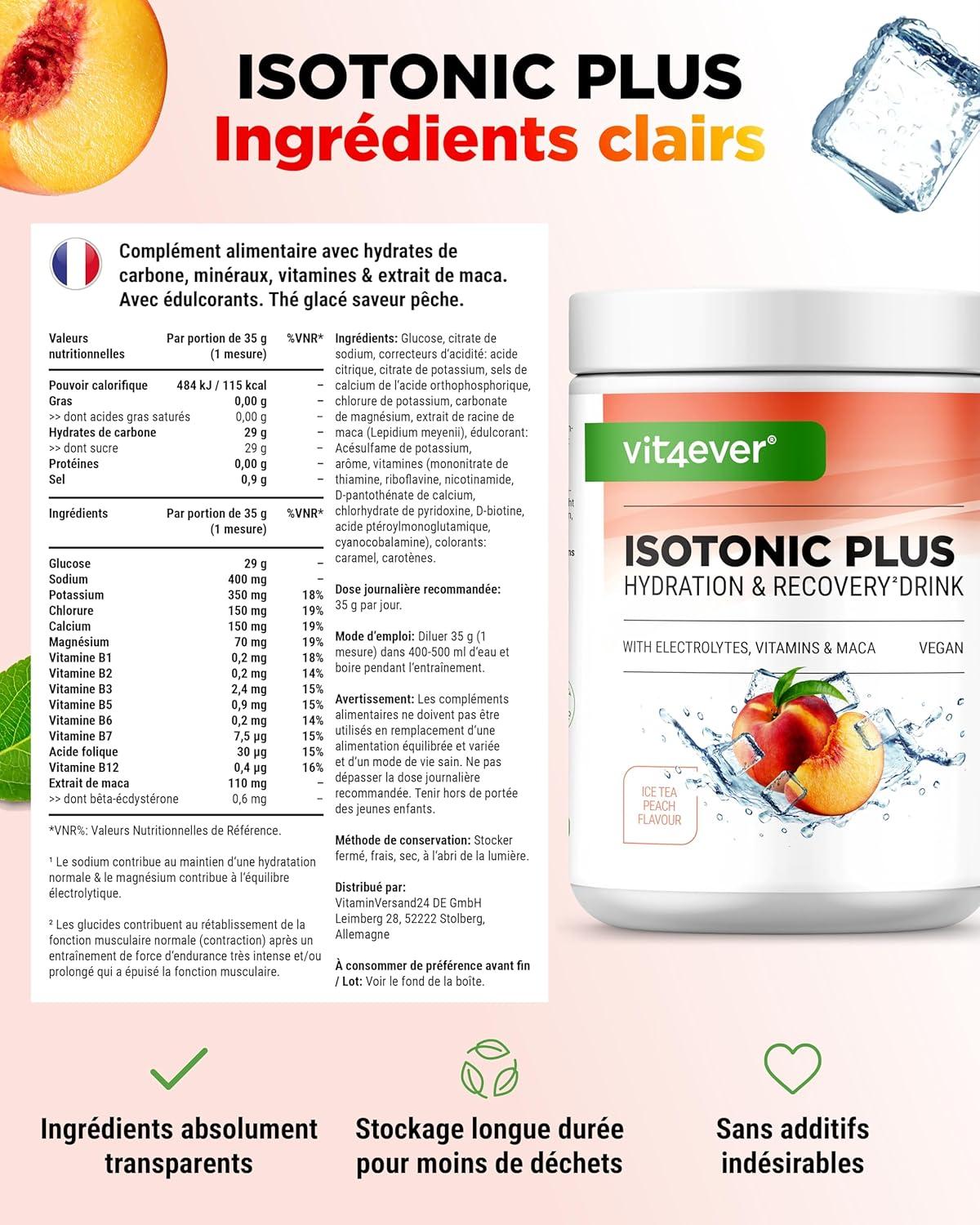 image:imageIsotonic Plus Drink 1050 g Boisson isotonique en poudre avec glucides lectrolytes vitamines et maca Formule hydratation ampamp rcupration vegan Berry MixPeach Iced Tea