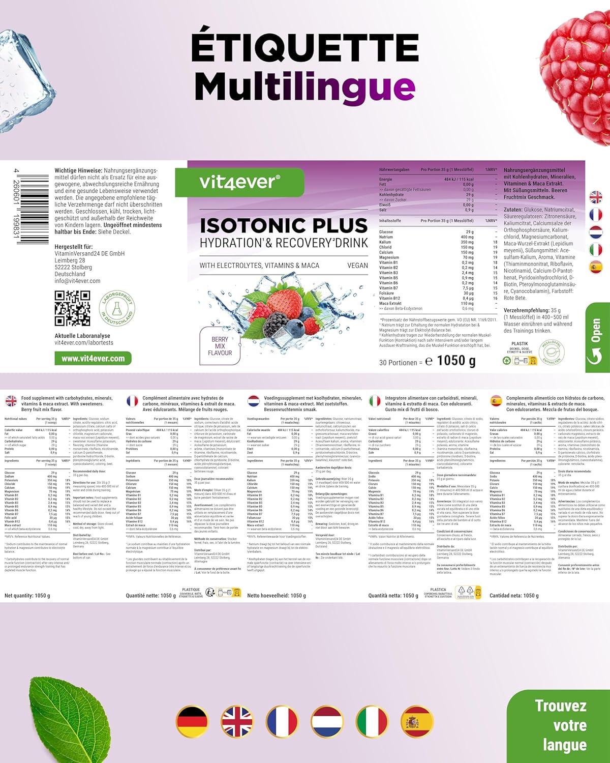 image:imageIsotonic Plus Drink 1050 g Boisson isotonique en poudre avec glucides lectrolytes vitamines et maca Formule hydratation ampamp rcupration vegan Berry MixBerry Mix