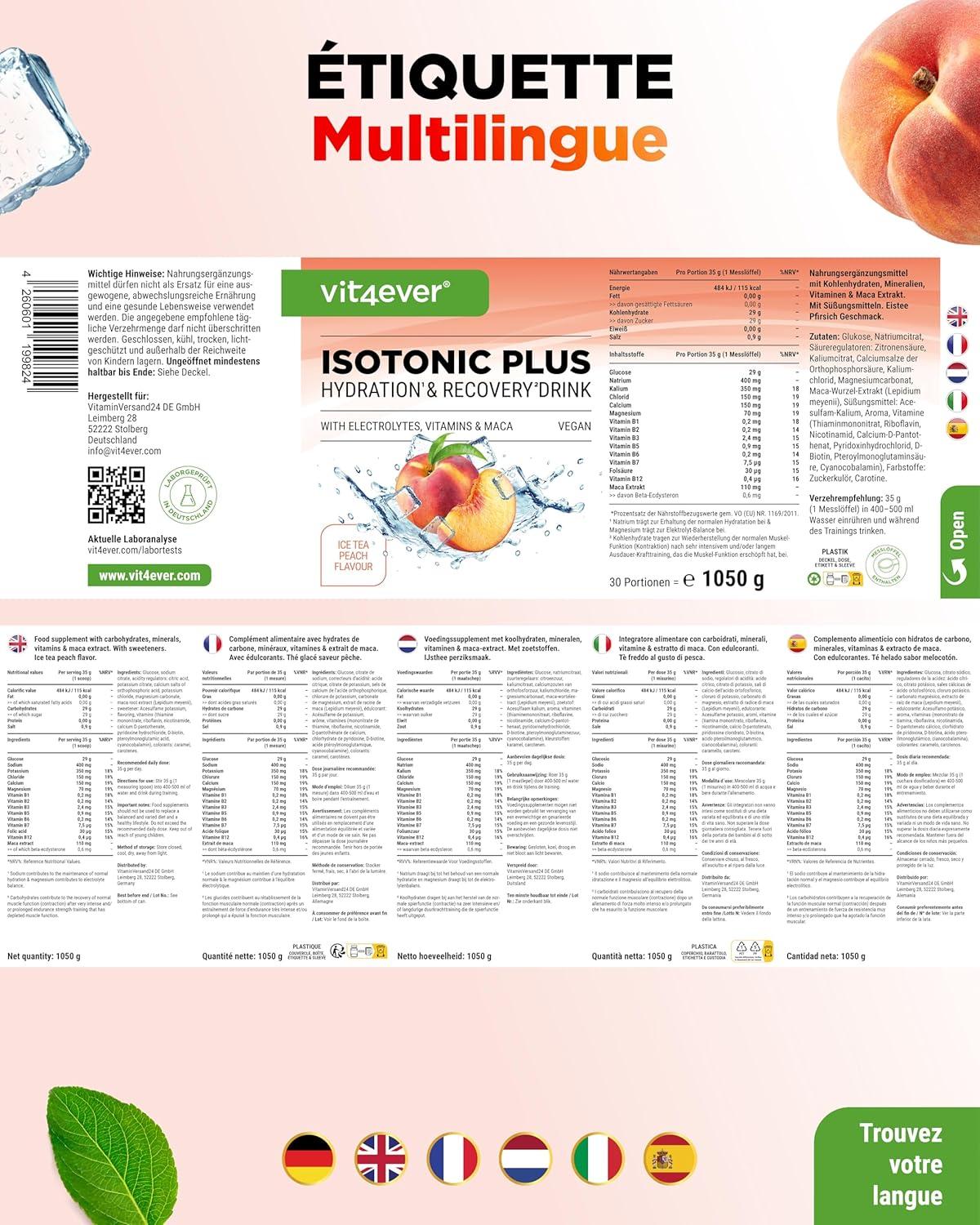 image:imageIsotonic Plus Drink 1050 g Boisson isotonique en poudre avec glucides lectrolytes vitamines et maca Formule hydratation ampamp rcupration vegan Berry MixPeach Iced Tea
