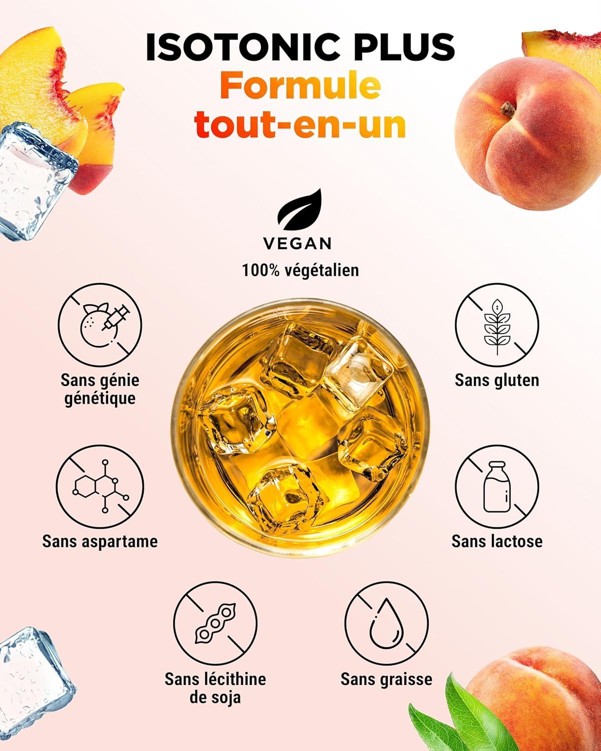 image:imageIsotonic Plus Drink 1050 g Boisson isotonique en poudre avec glucides lectrolytes vitamines et maca Formule hydratation ampamp rcupration vegan Berry MixPeach Iced Tea