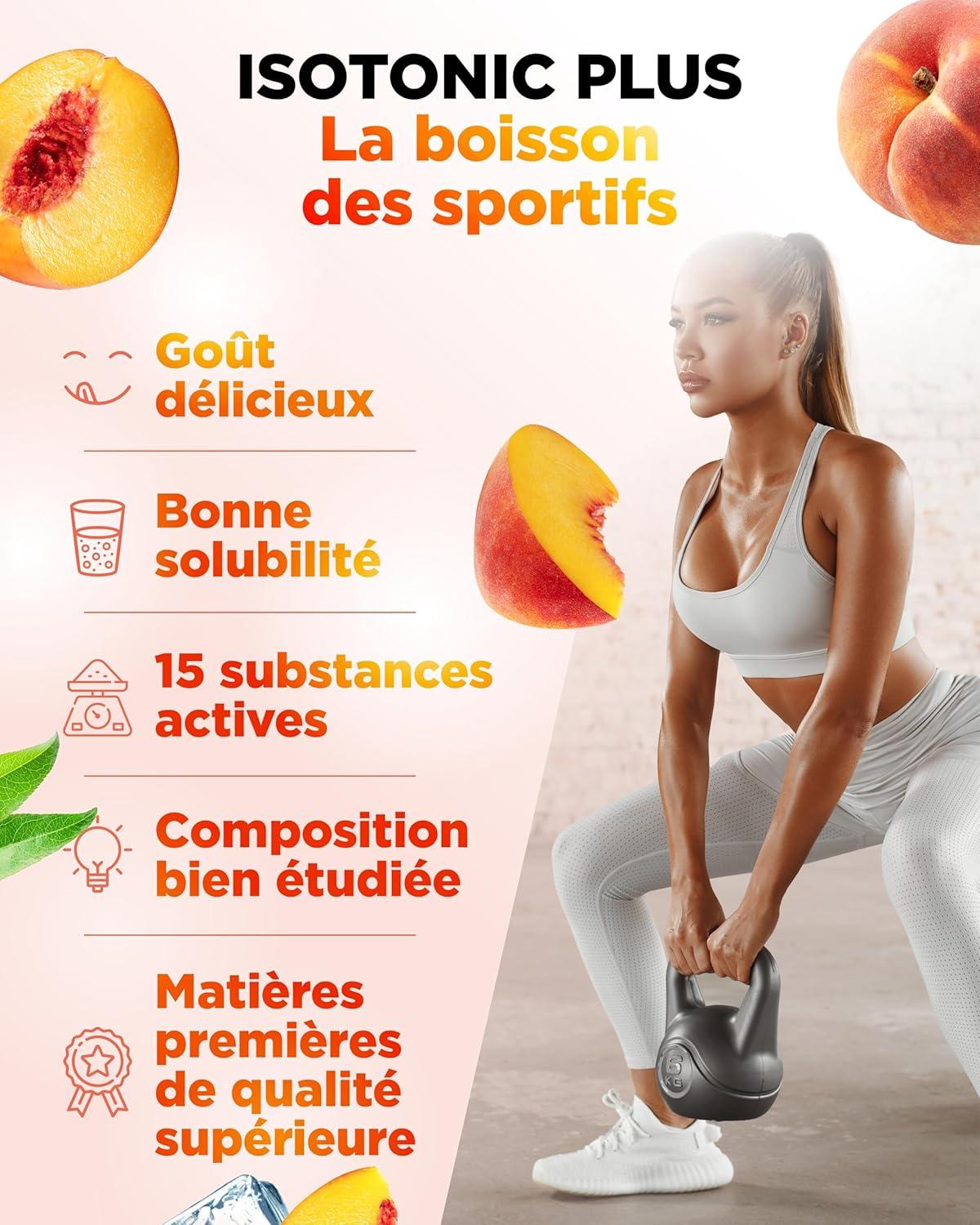 image:imageIsotonic Plus Drink 1050 g Boisson isotonique en poudre avec glucides lectrolytes vitamines et maca Formule hydratation ampamp rcupration vegan Berry MixPeach Iced Tea