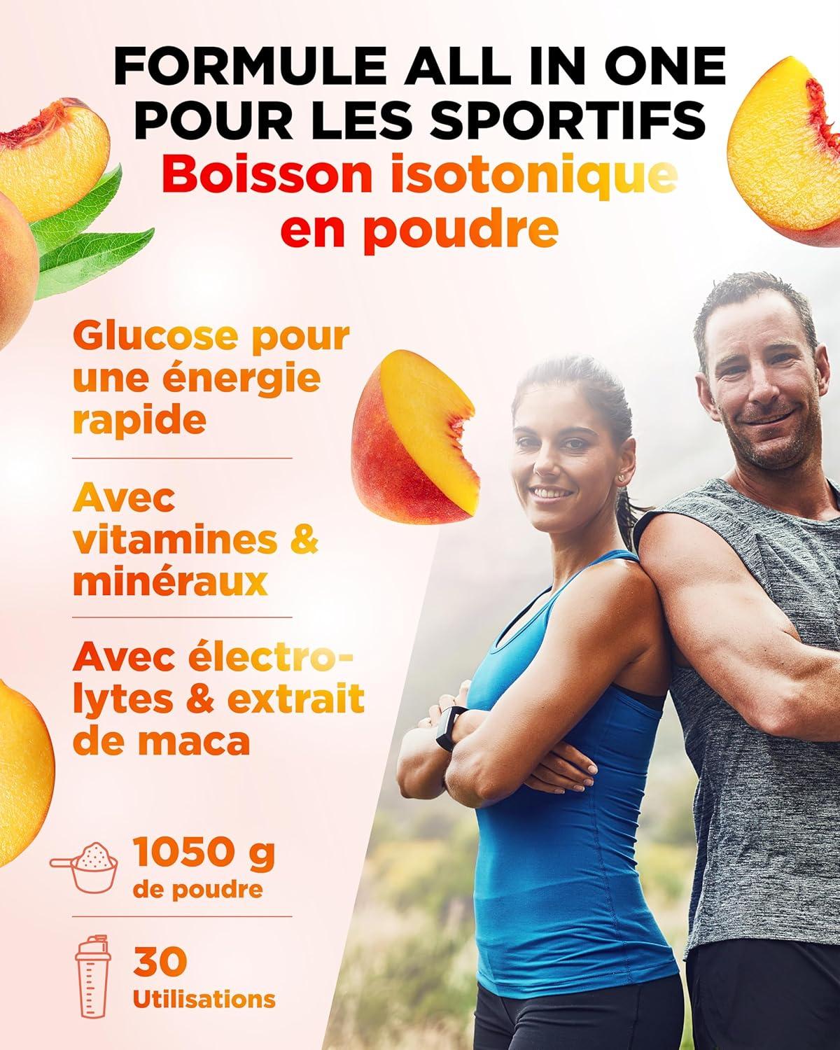image:imageIsotonic Plus Drink 1050 g Boisson isotonique en poudre avec glucides lectrolytes vitamines et maca Formule hydratation ampamp rcupration vegan Berry MixPeach Iced Tea
