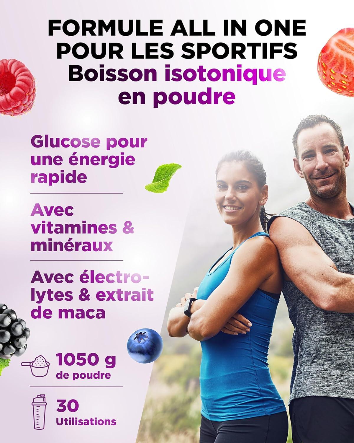 image:imageIsotonic Plus Drink 1050 g Boisson isotonique en poudre avec glucides lectrolytes vitamines et maca Formule hydratation ampamp rcupration vegan Berry MixBerry Mix