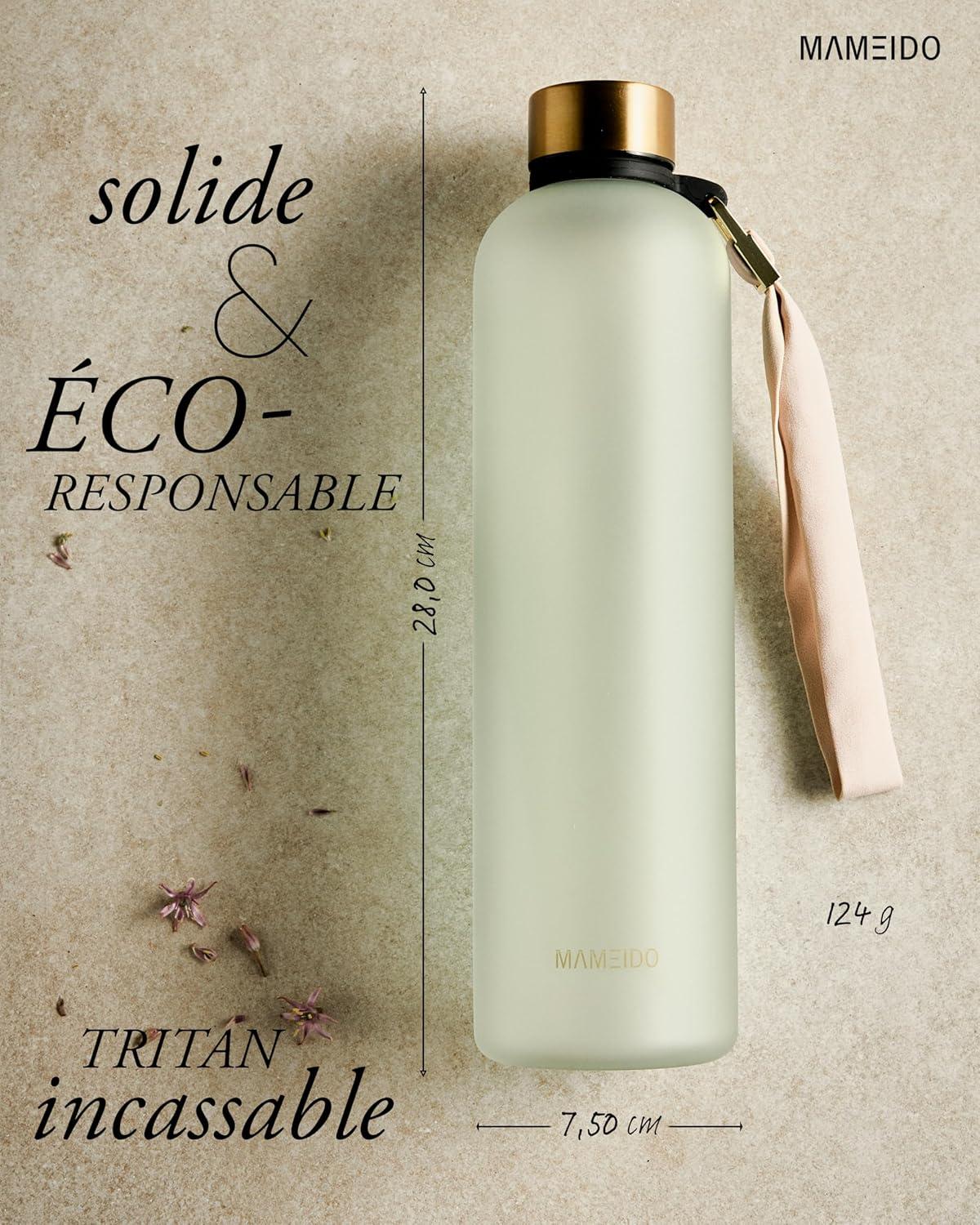 image:imageMAMEIDO Gourde 1 l Bouteille deau Design Plastique avec Marqueur de Temps de Motivation sans BPA tanche Urban Taupe GoldDesert Sage Gold
