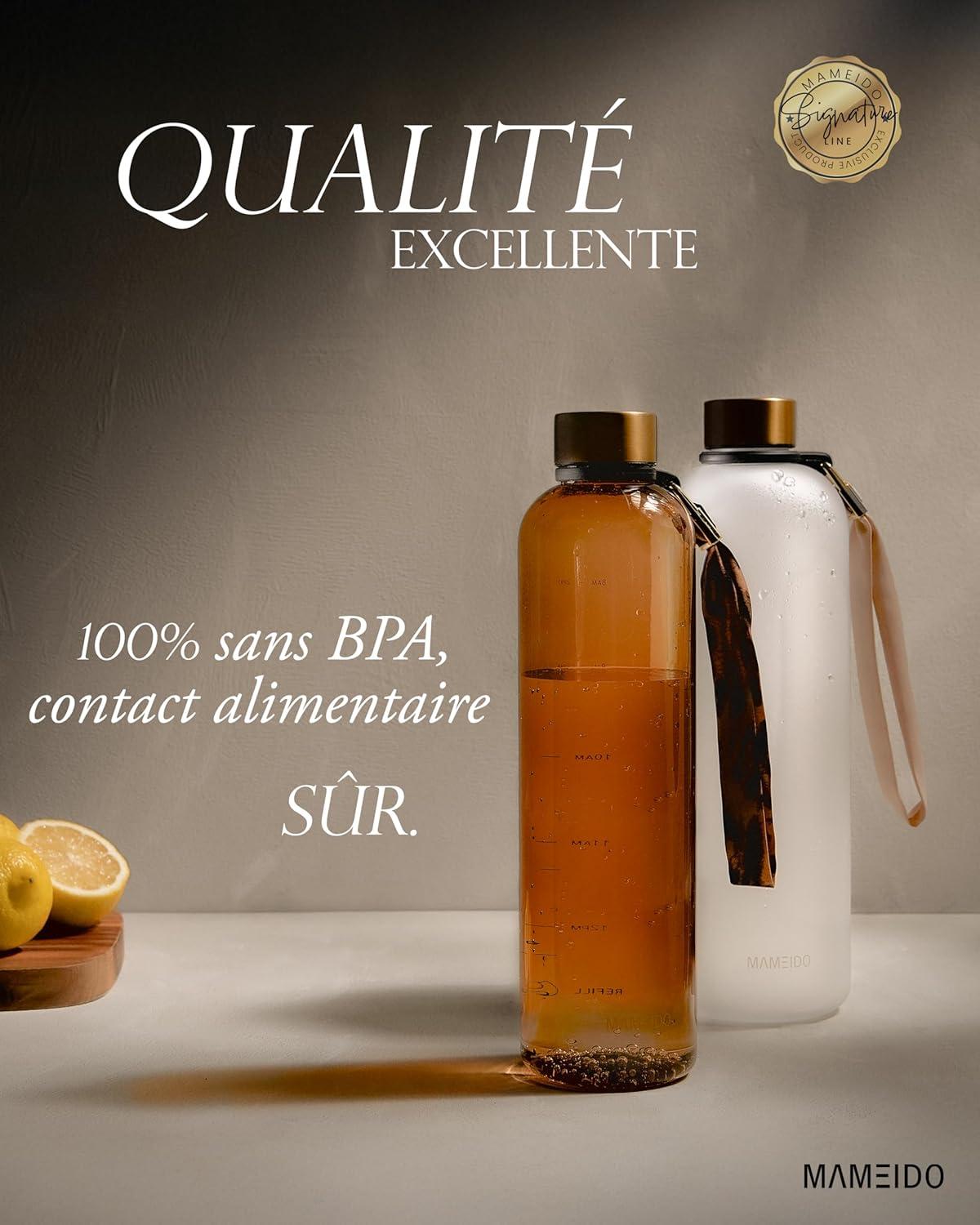 image:imageMAMEIDO Gourde 1 l Bouteille deau Design Plastique avec Marqueur de Temps de Motivation sans BPA tanche Urban Taupe GoldIvory Beige Gold