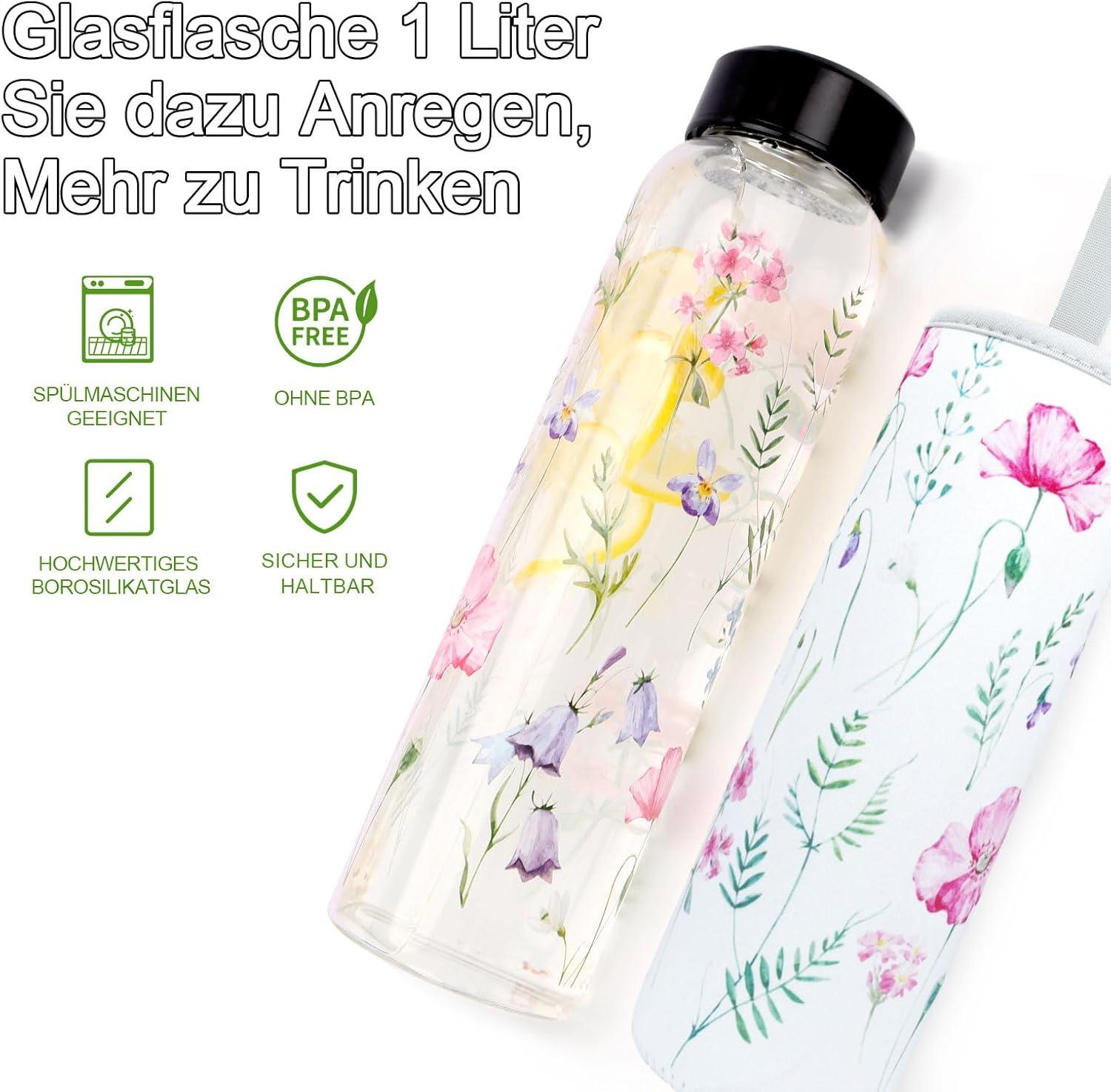 image:imagePAPU Bouteille DEau Verre 1 LitreGoulot Large 55 cm 1 000 mltancheAvec Couvercle Protection Eucalyptus Filtre Acier InoxydableSans BpatancheIdale pour Sport BureauRose