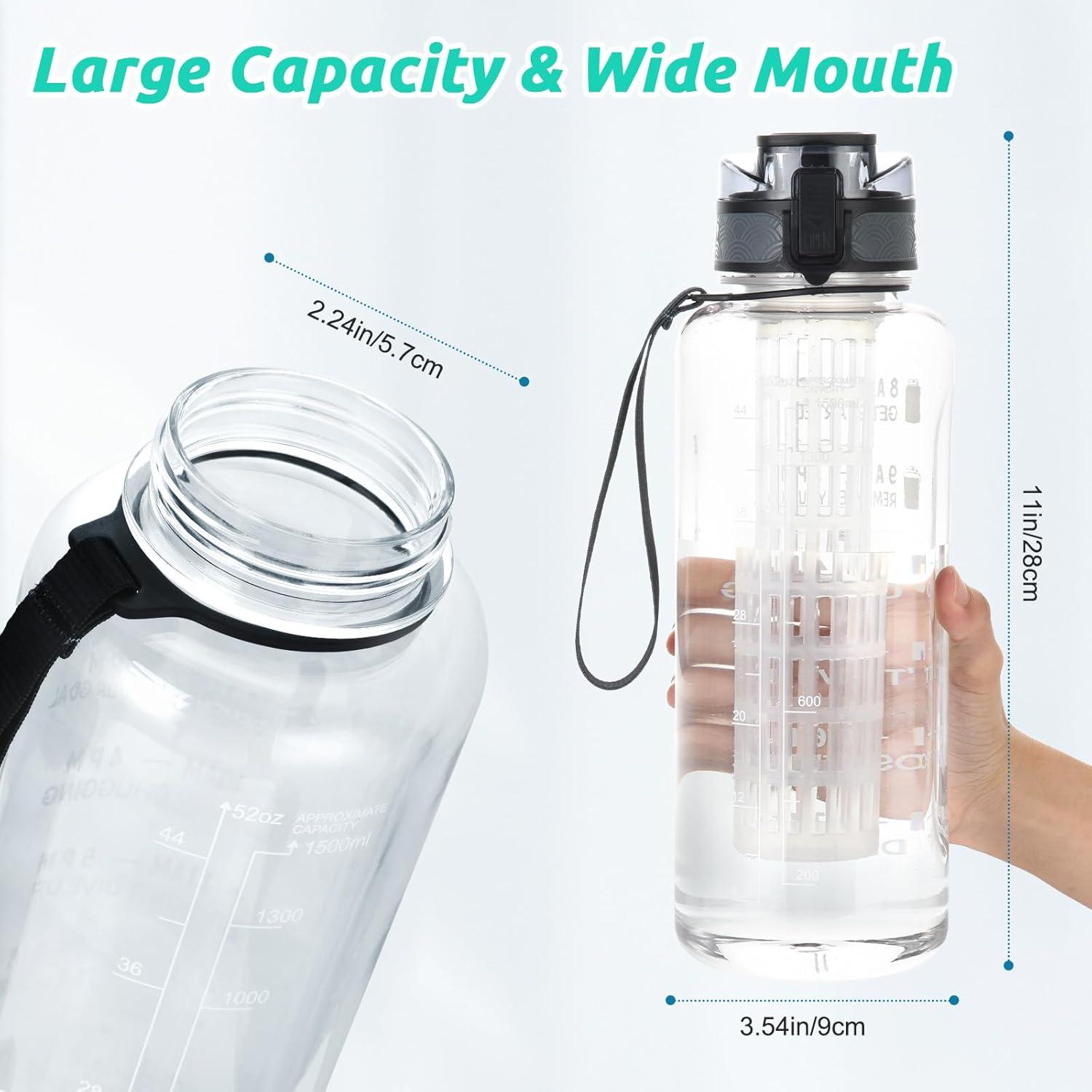 image:imageUTEBIT Gourde Sport 15L Bouteille deau avec Infuseur Th ou Fruits1 Litre Bouteille Reutilisable Fabrique en Tritan sans BPA avec Marqueur de Temps de Motivation pour Gym Camping BureauTransparent
