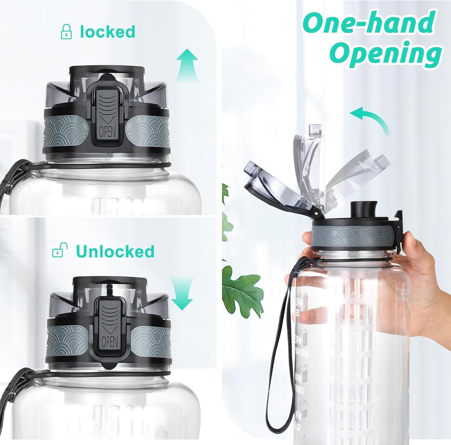 image:imageUTEBIT Gourde Sport 15L Bouteille deau avec Infuseur Th ou Fruits1 Litre Bouteille Reutilisable Fabrique en Tritan sans BPA avec Marqueur de Temps de Motivation pour Gym Camping BureauTransparent