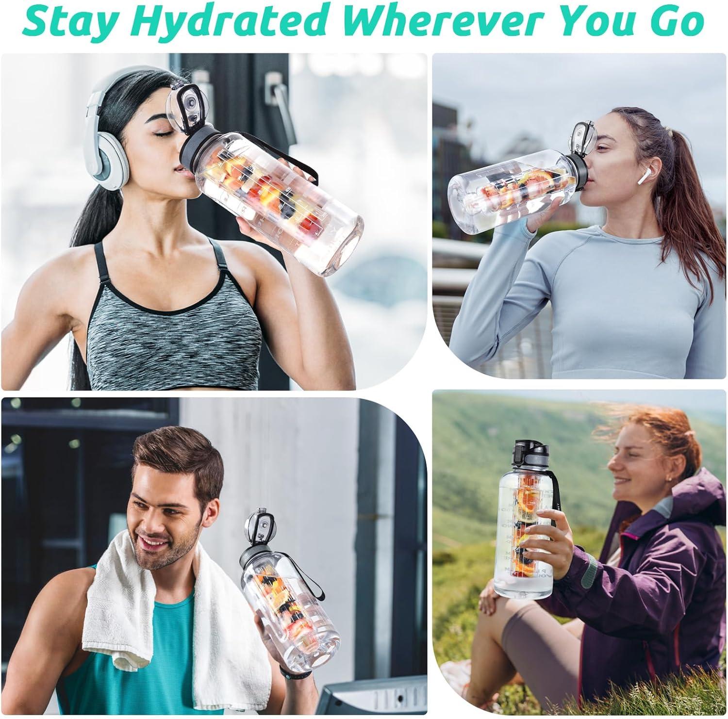 image:imageUTEBIT Gourde Sport 15L Bouteille deau avec Infuseur Th ou Fruits1 Litre Bouteille Reutilisable Fabrique en Tritan sans BPA avec Marqueur de Temps de Motivation pour Gym Camping BureauTransparent