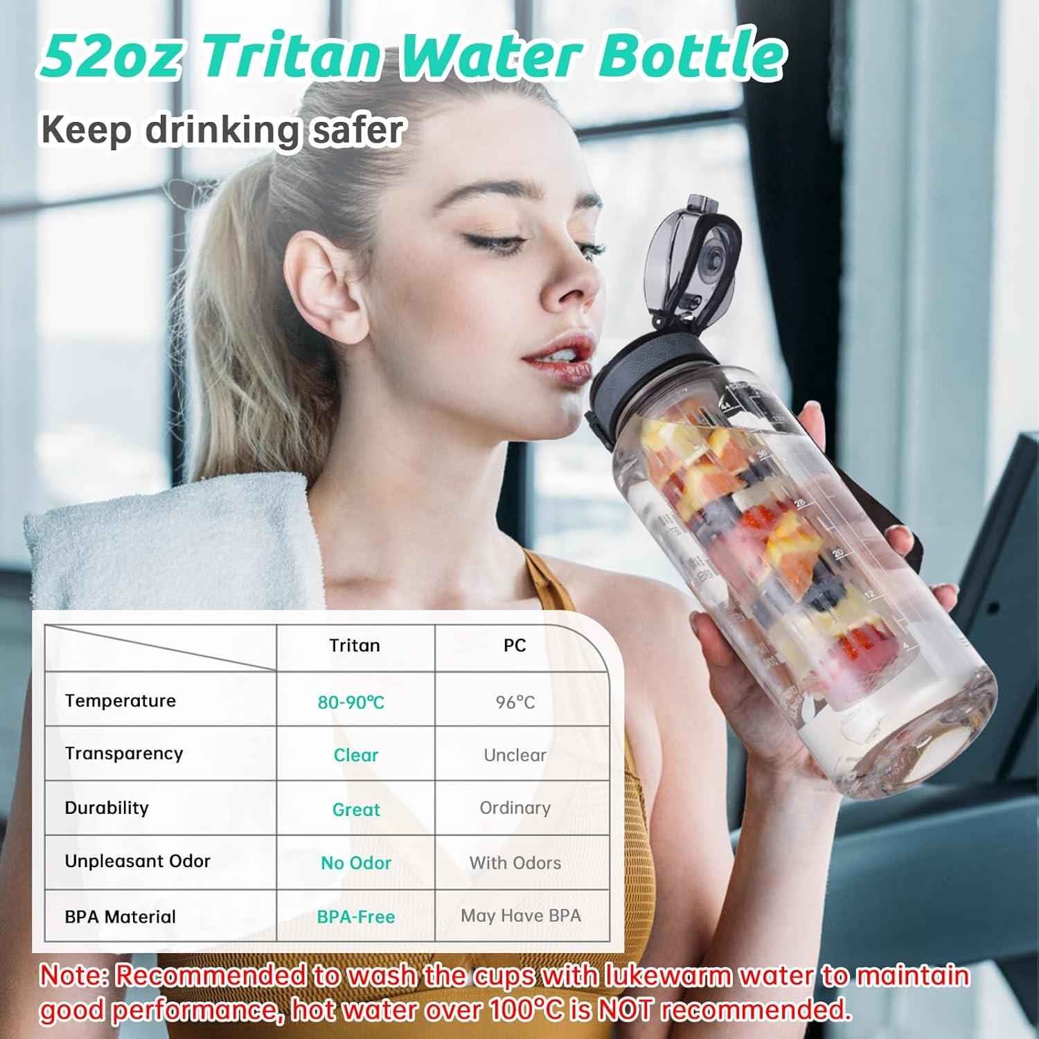 image:imageUTEBIT Gourde Sport 15L Bouteille deau avec Infuseur Th ou Fruits1 Litre Bouteille Reutilisable Fabrique en Tritan sans BPA avec Marqueur de Temps de Motivation pour Gym Camping BureauTransparent