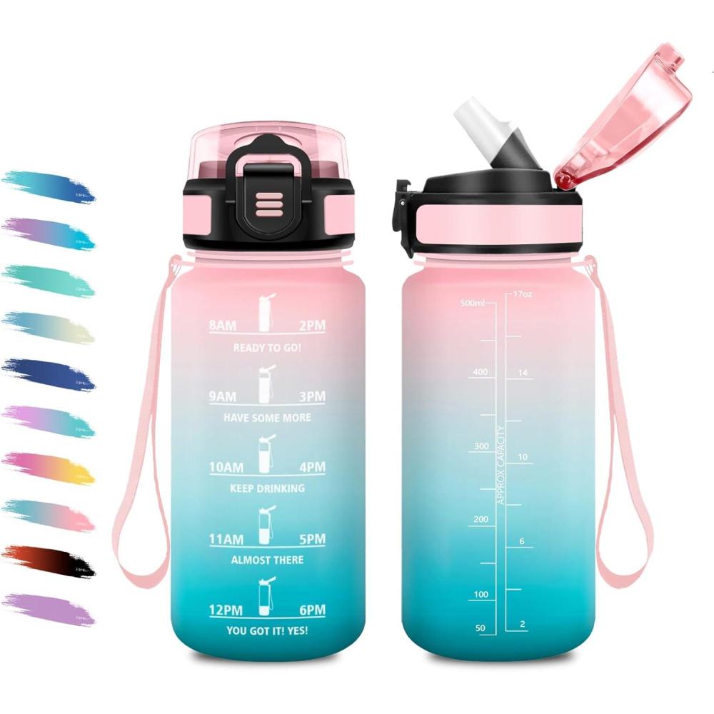 image:imageGourde 1L Gourde avec Sport Paille AntiFuite ampamp Rutilisable Bouteille deau Motivante avec Marquages de Temps Facile  Nettoyer Bouteille Gradue pour Voyage Randonne Cyclisme Fitness17oz500ml  Paille  Rose  Cyan