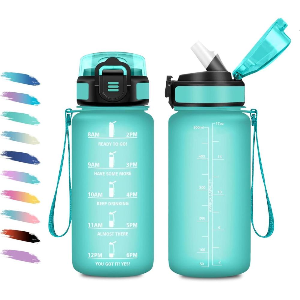 image:imageGourde 1L Gourde avec Sport Paille AntiFuite ampamp Rutilisable Bouteille deau Motivante avec Marquages de Temps Facile Nettoyer Bouteille Gradue pour Voyage Randonne Cyclisme Fitness17oz500ml Paille Mat Bleuvert