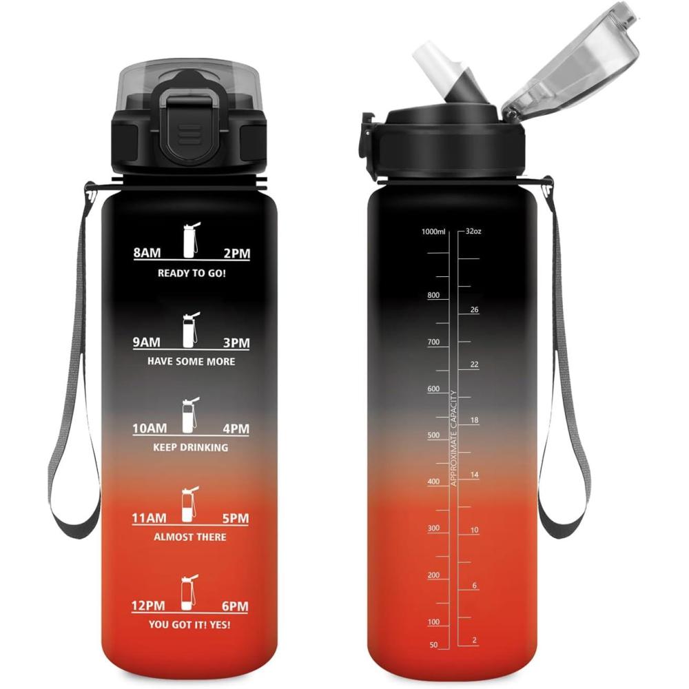 image:imageGourde 1L Gourde avec Sport Paille AntiFuite ampamp Rutilisable Bouteille deau Motivante avec Marquages de Temps Facile Nettoyer Bouteille Gradue pour Voyage Randonne Cyclisme Fitness32oz1000ml Paille Noir Rouge