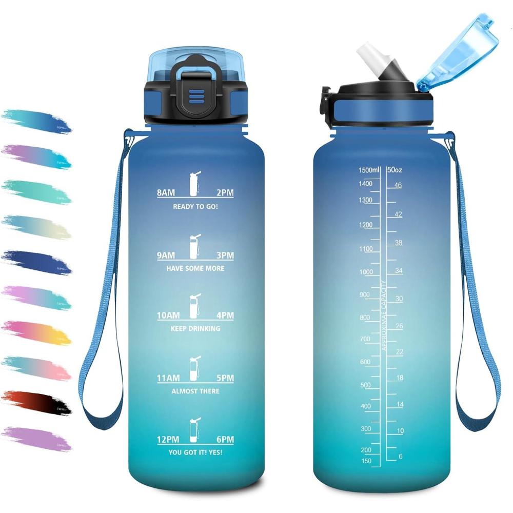 image:imageGourde 1L Gourde avec Sport Paille AntiFuite ampamp Rutilisable Bouteille deau Motivante avec Marquages de Temps Facile  Nettoyer Bouteille Gradue pour Voyage Randonne Cyclisme Fitness50oz1500ml  Paille  Bleu  Vert