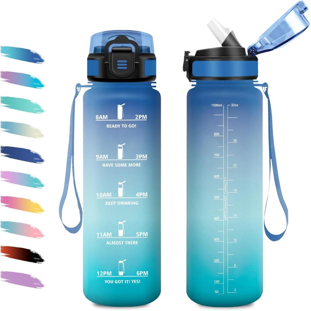 image:imageGourde 1L Gourde avec Sport Paille AntiFuite ampamp Rutilisable Bouteille deau Motivante avec Marquages de Temps Facile Nettoyer Bouteille Gradue pour Voyage Randonne Cyclisme Fitness32oz1000ml Paille Bleu Vert