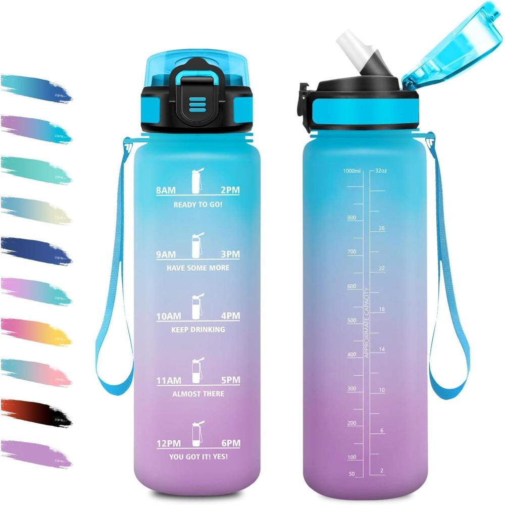 image:imageGourde 1L Gourde avec Sport Paille AntiFuite ampamp Rutilisable Bouteille deau Motivante avec Marquages de Temps Facile Nettoyer Bouteille Gradue pour Voyage Randonne Cyclisme Fitness32oz1000ml Paille Bleu Lilas