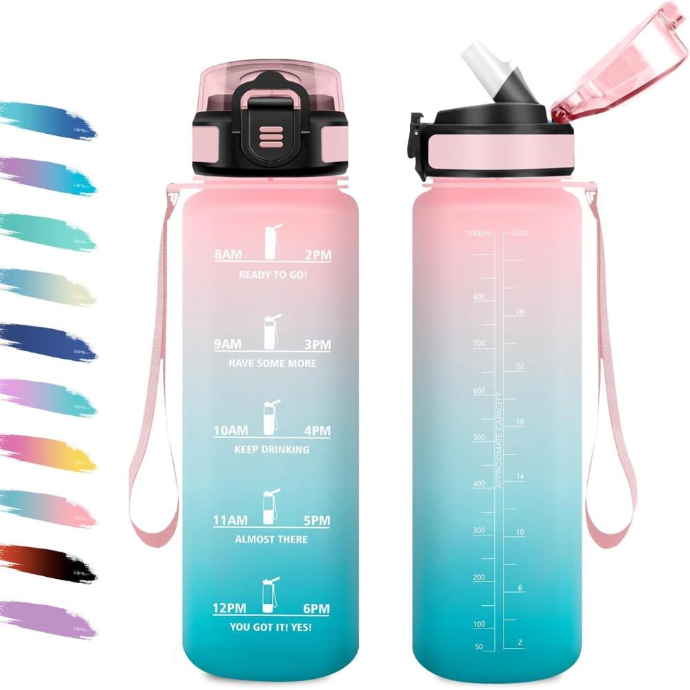 image:imageGourde 1L Gourde avec Sport Paille AntiFuite ampamp Rutilisable Bouteille deau Motivante avec Marquages de Temps Facile  Nettoyer Bouteille Gradue pour Voyage Randonne Cyclisme Fitness32oz1000ml  Paille  Rose  Cyan