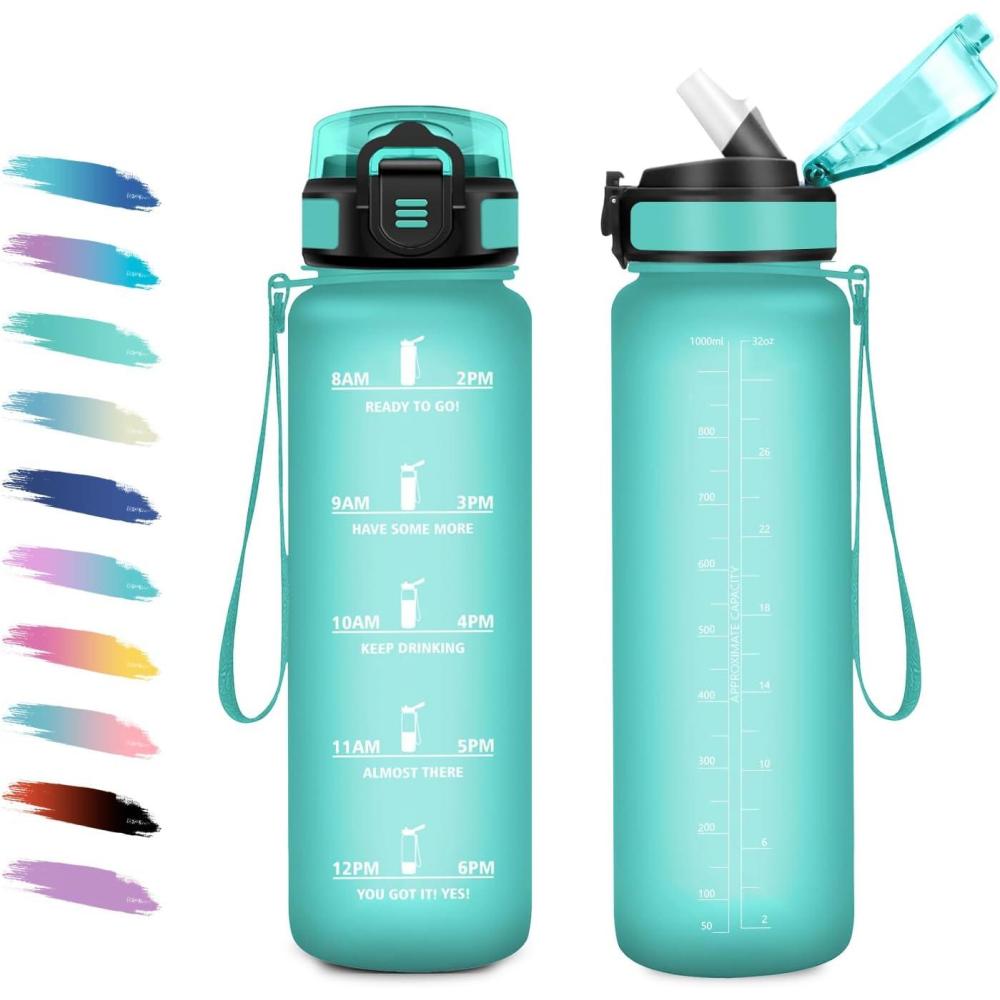 image:imageGourde 1L Gourde avec Sport Paille AntiFuite ampamp Rutilisable Bouteille deau Motivante avec Marquages de Temps Facile Nettoyer Bouteille Gradue pour Voyage Randonne Cyclisme Fitness32oz1000ml Paille Mat Bleuvert