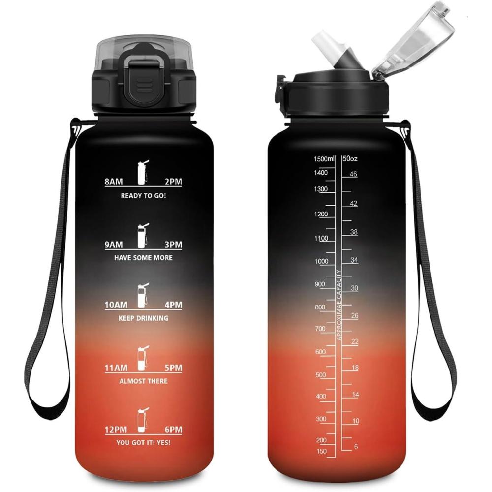 image:imageGourde 1L Gourde avec Sport Paille AntiFuite ampamp Rutilisable Bouteille deau Motivante avec Marquages de Temps Facile Nettoyer Bouteille Gradue pour Voyage Randonne Cyclisme Fitness50oz1500ml Paille Noir Rouge