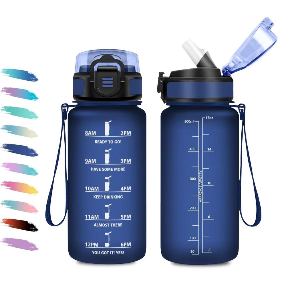 image:imageGourde 1L Gourde avec Sport Paille AntiFuite ampamp Rutilisable Bouteille deau Motivante avec Marquages de Temps Facile  Nettoyer Bouteille Gradue pour Voyage Randonne Cyclisme Fitness17oz500ml  Paille  Mat Marine Bleu